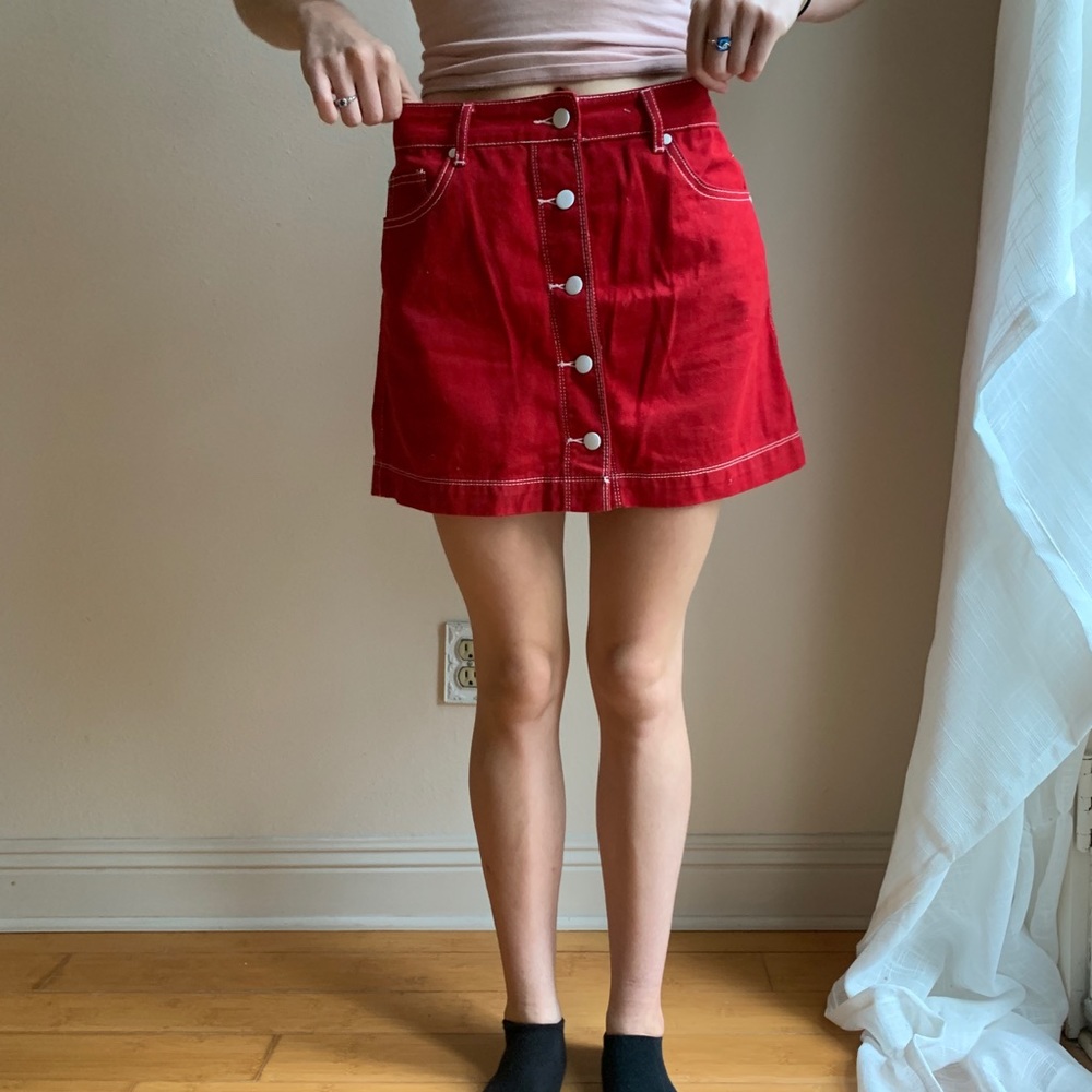Red denim mini skirt w/ white buttons size Medium